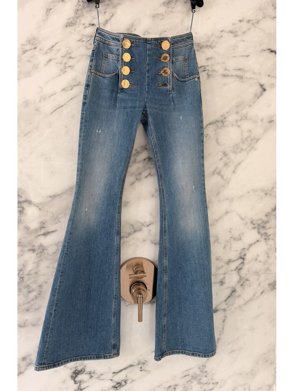 Balmain Blue Denim High-Waisted Flared Jeans Gold Button Detail Size 34